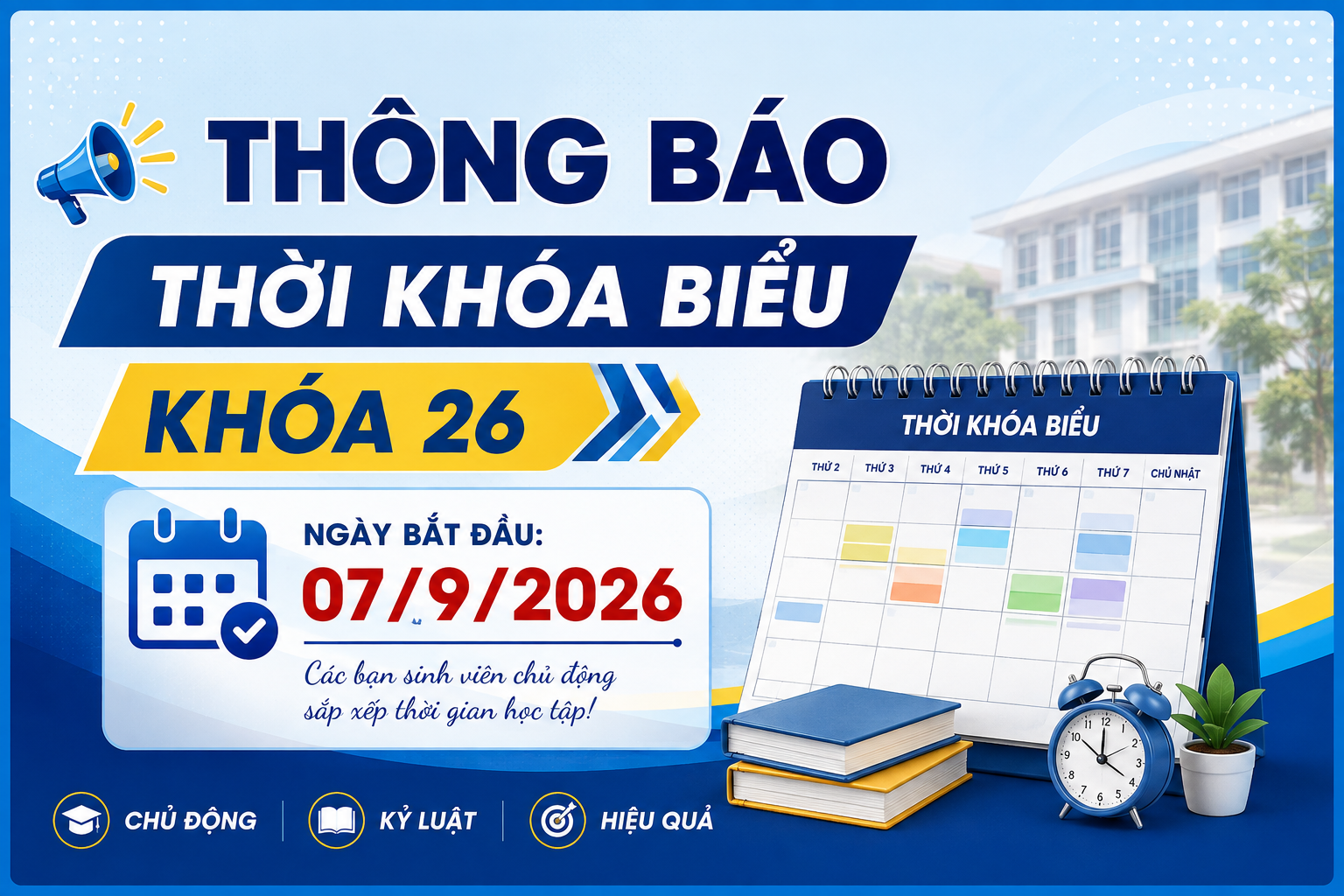 Thông báo về việc công bố Thời khóa biểu các lớp học phần – Khóa 2026 (có ngày bắt đầu học 07/9/2026)